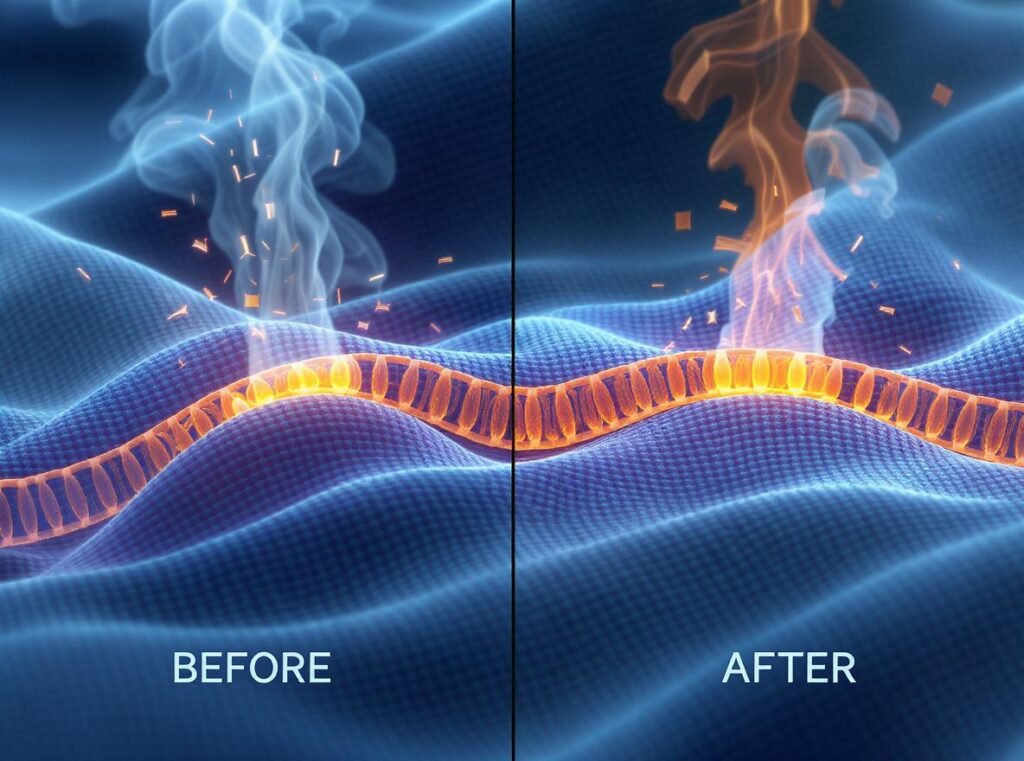 Scientific visualization of fabric fibers being straightened by heat and airflow