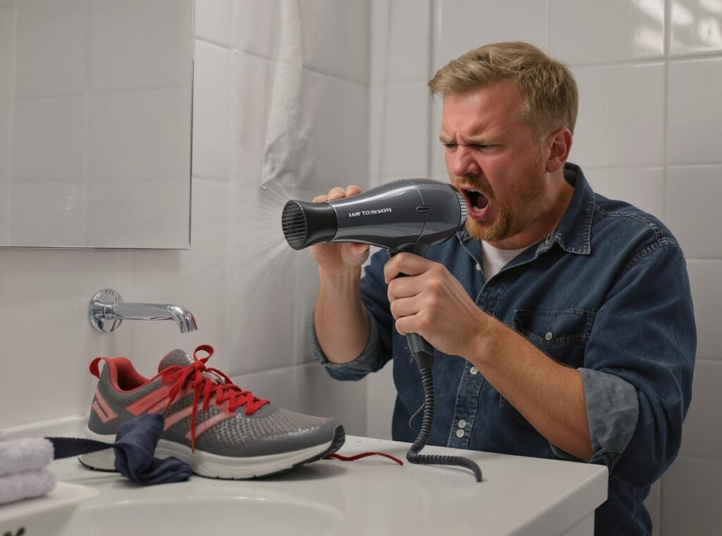 Person using hair dryer on wet shoes showing urgency and convenience factors