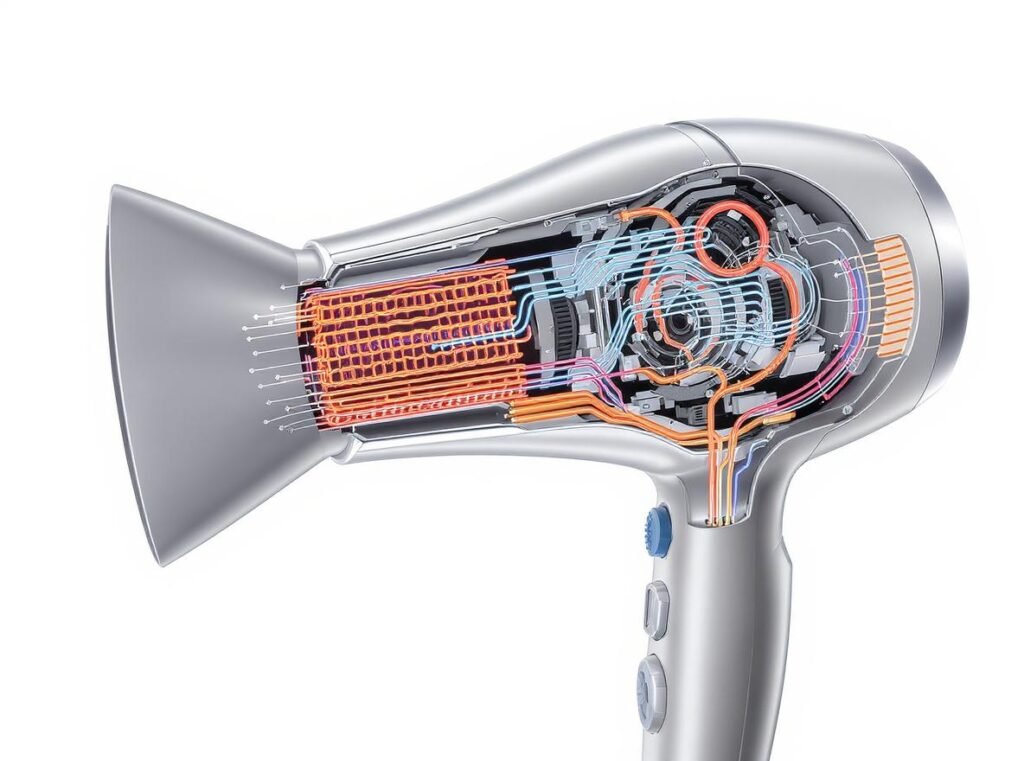 Hair dryer internal components showing motor and heating elements that determine amperage