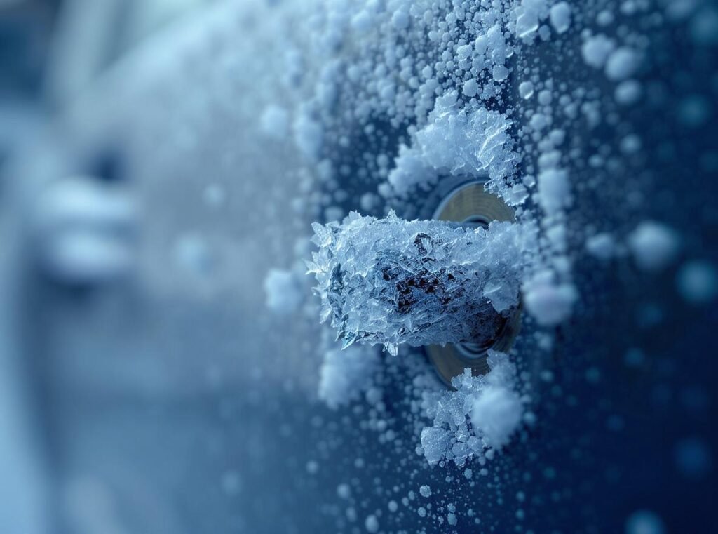 Ice crystals forming inside car door lock mechanism causing freezing