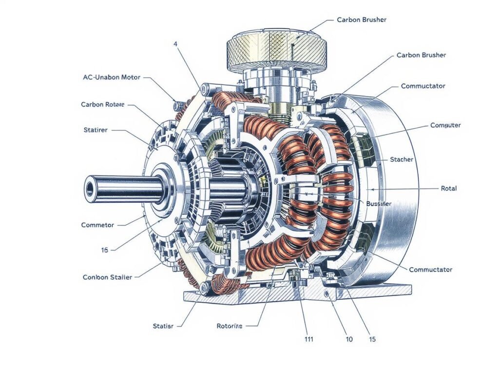 AC universal motor cross-section showing stator, rotor, carbon brushes and commutator