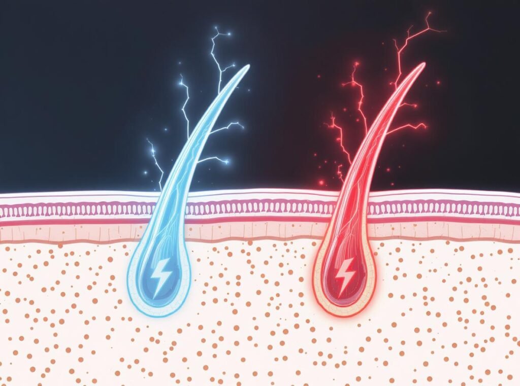 Scientific diagram showing how static electricity forms in hair through electron transfer and friction