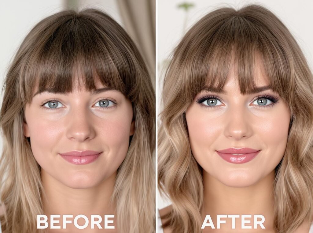 Before and after comparison of curtain bangs showing the difference proper styling makes