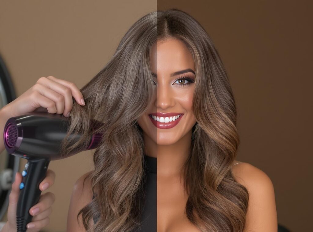 Final results showing woman with perfectly styled healthy hair after using infrared hair dryer technology