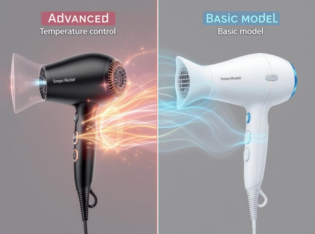 Comparison between temperature control and regular hair dryer technology