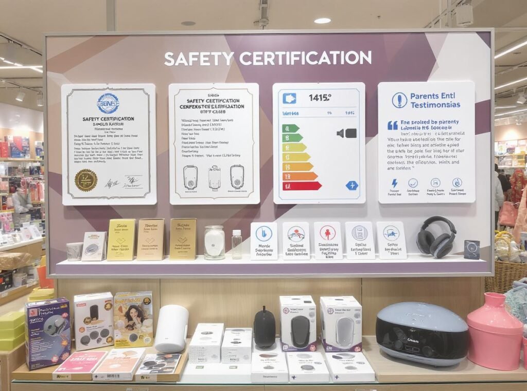 Child-safe hair dryer marketing display emphasizing safety certifications