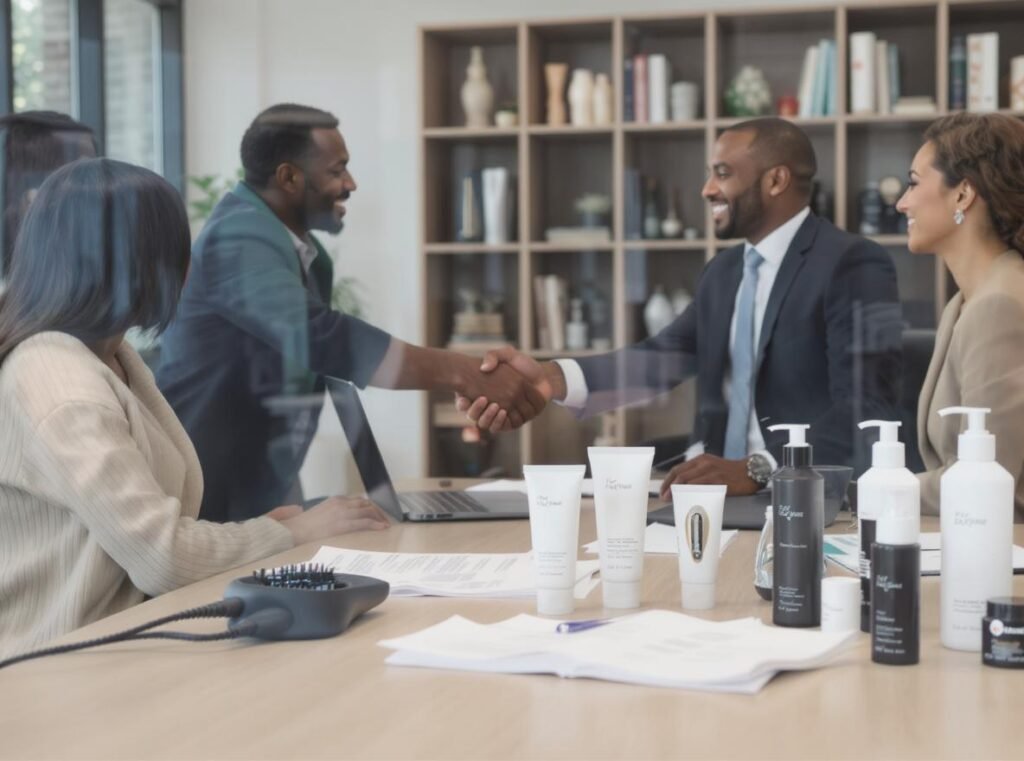 Business meeting showing wholesale hair dryer opportunities for sensitive scalp market