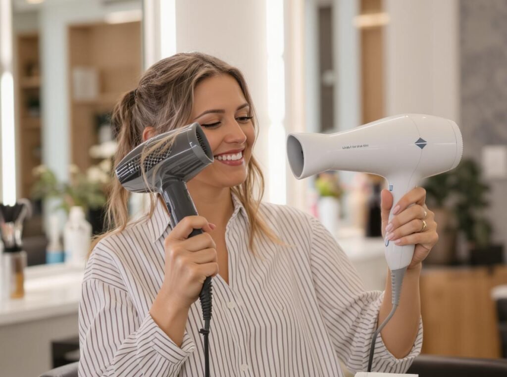 Satisfied customer with refurbished hair dryer showing successful purchase decision