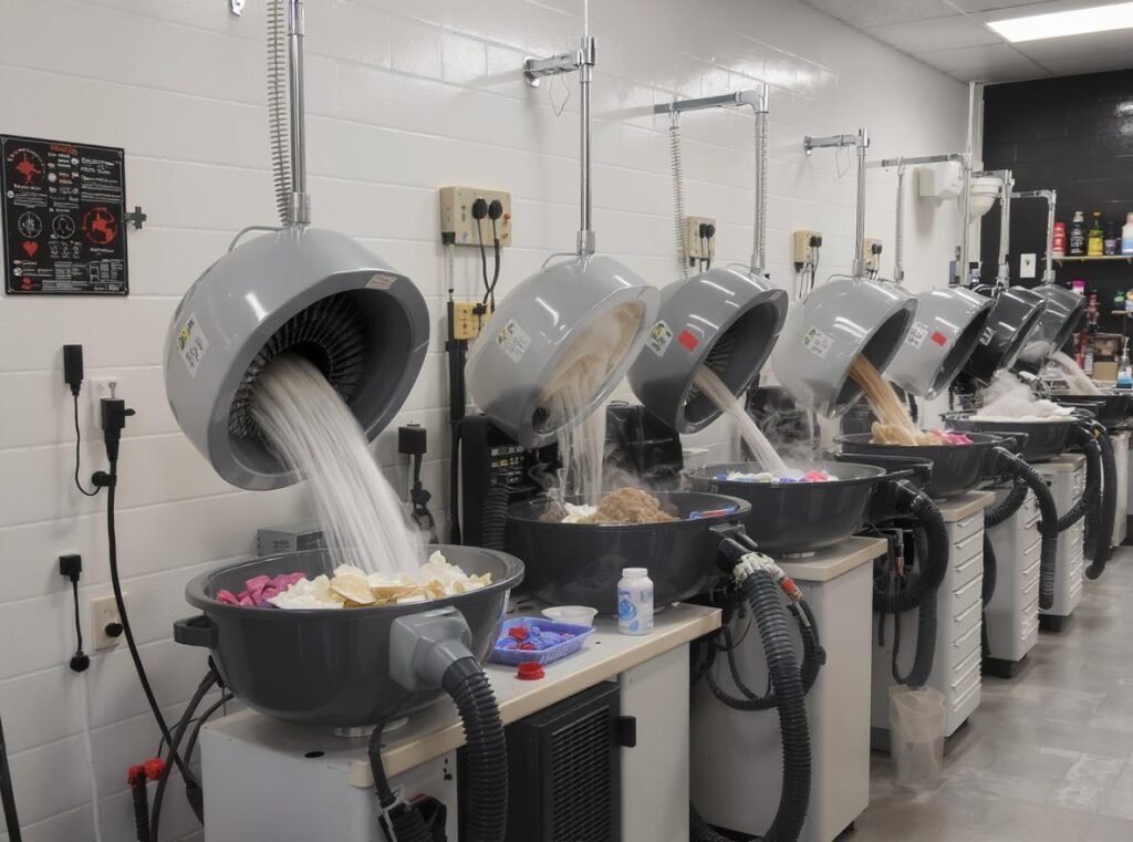 Professional pet grooming salon showing industrial dryers and commercial equipment for superior performance