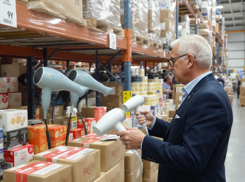 Wholesale warehouse displaying hair dryers designed for elderly customers