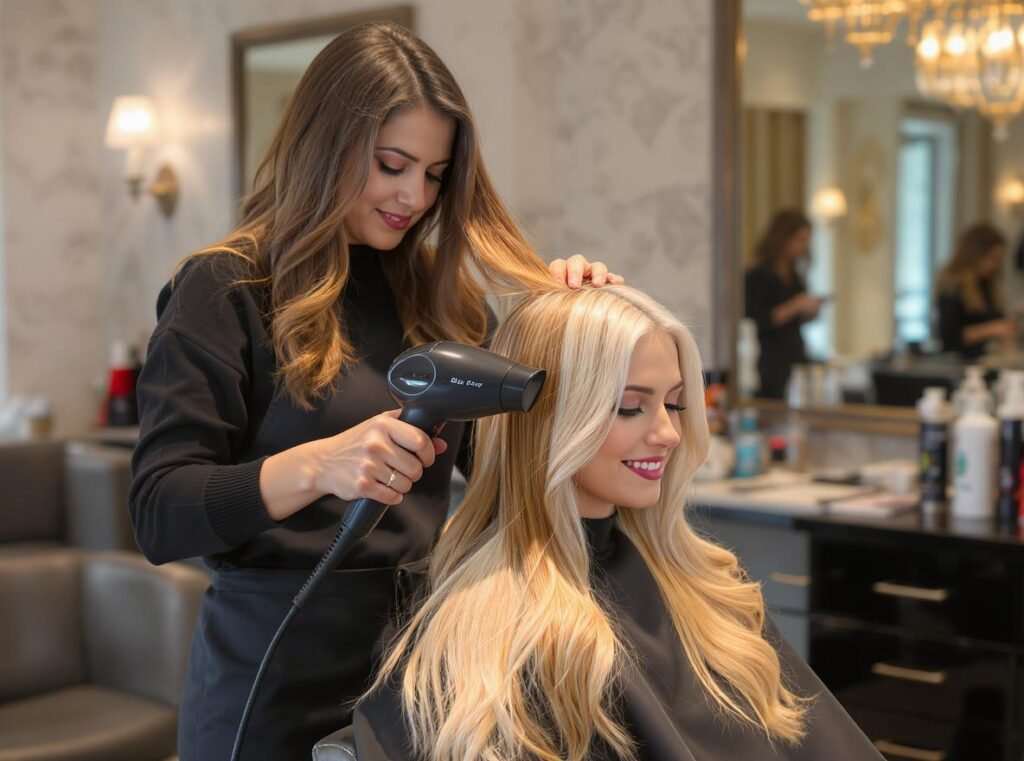 Professional hair stylist using advanced hair dryer for winter hair care