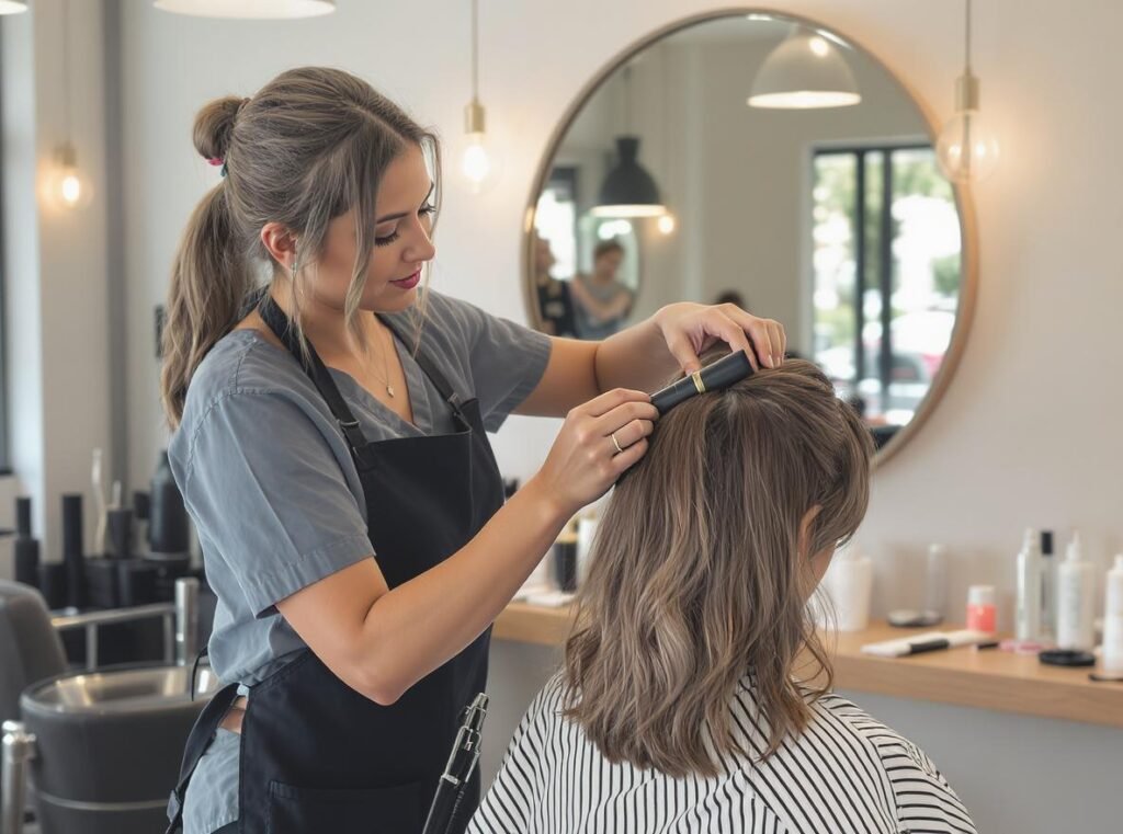 Professional hairstylist demonstrating summer styling techniques for frizz prevention