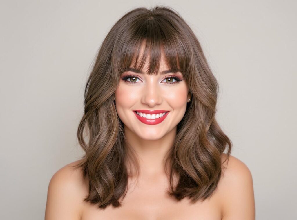 Woman with perfectly styled curtain bangs showing professional results from alternating technique