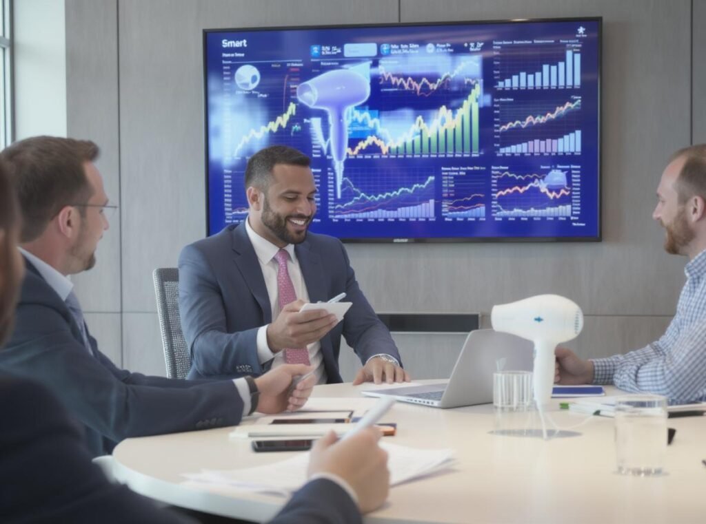 Wholesale business meeting discussing smart hair dryer market trends