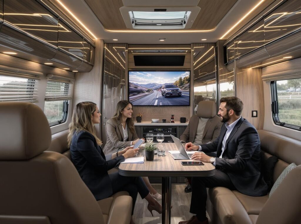Professional RV industry consultation showing successful B2B hair dryer specification meeting