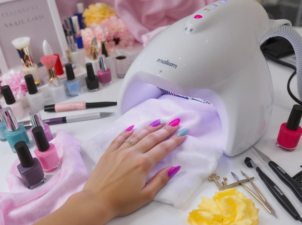 Complete nail care setup showing successful hair dryer manicure drying results