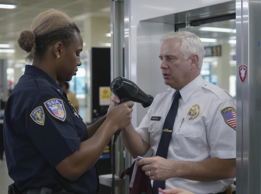 TSA security officer inspecting hair dryer at airport checkpoint