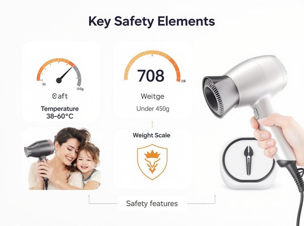 Child-safe hair dryer summary infographic showing key safety specifications