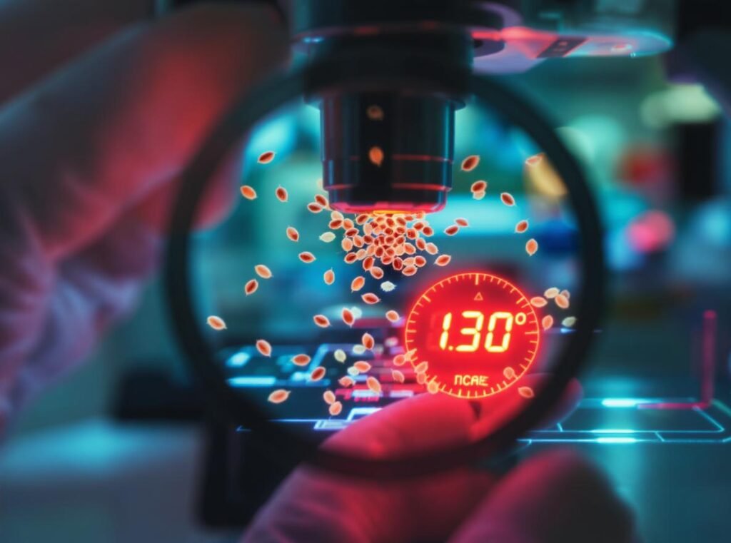 Microscopic lice and eggs with temperature gauge showing 130°F lethal heat level