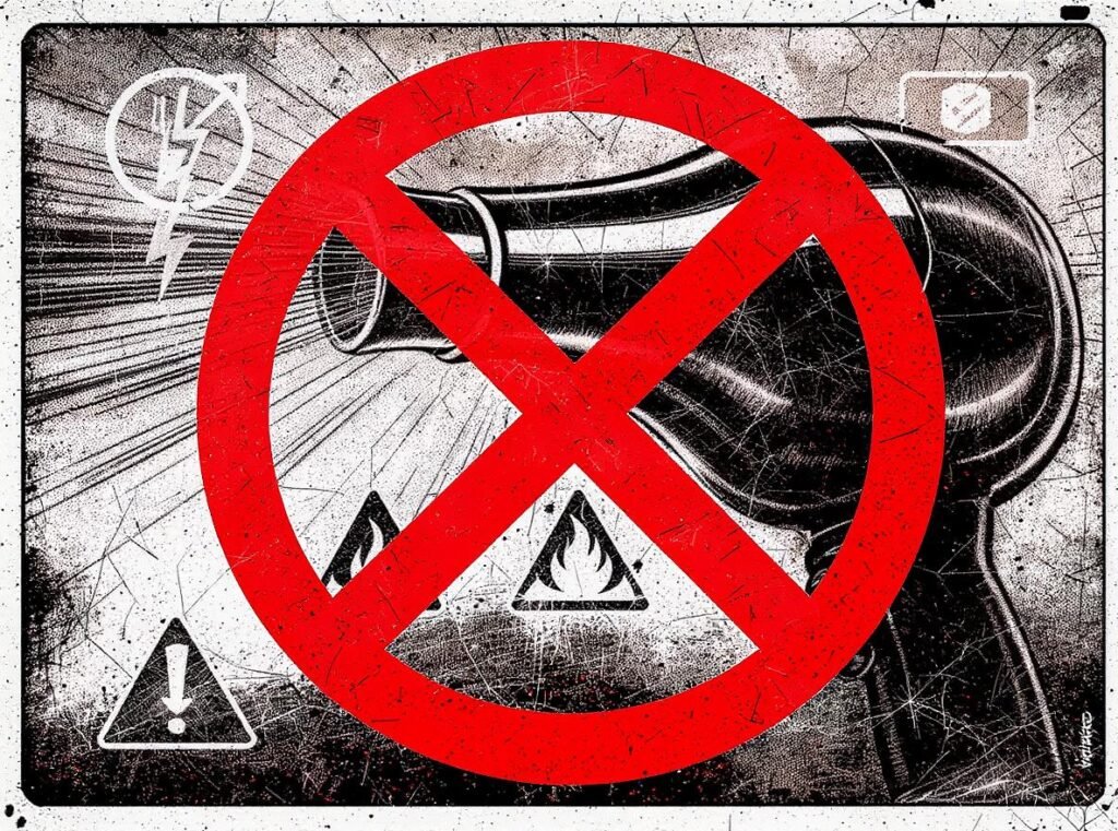 Safety prohibition sign showing never use burning hair dryer