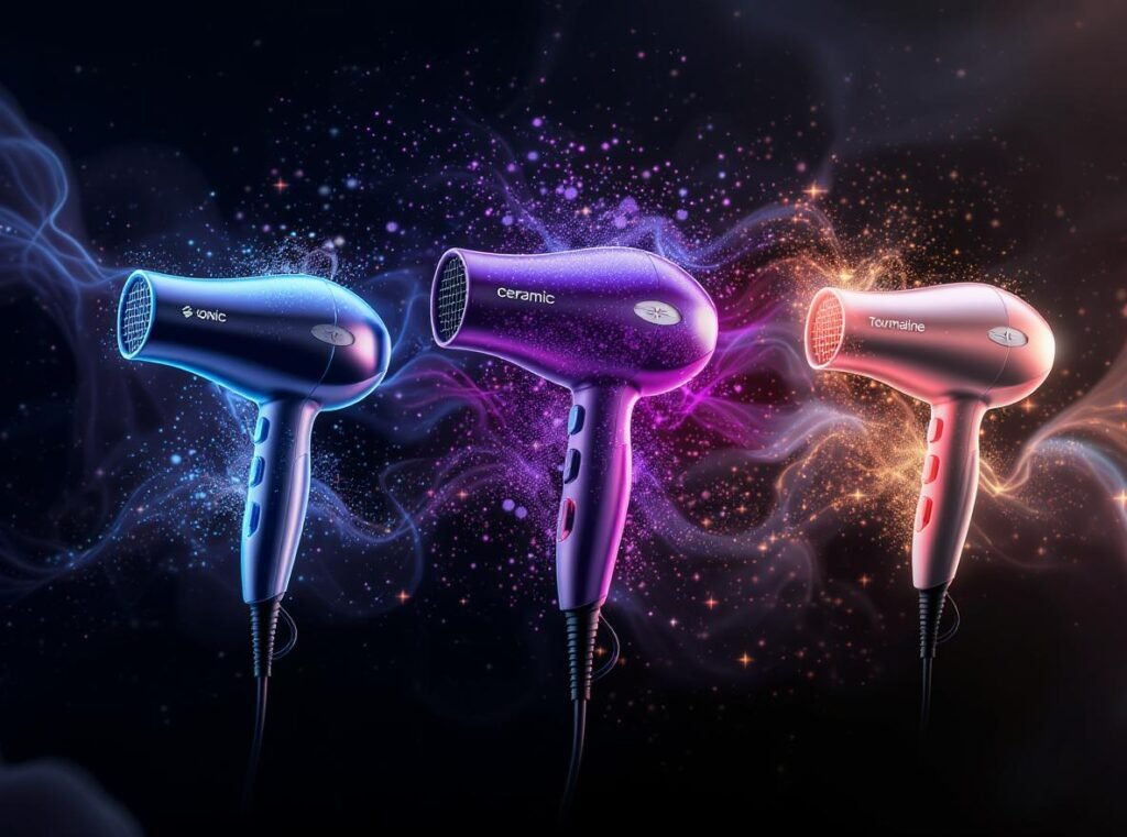 Three hair dryer technologies - ionic, ceramic, and tourmaline with energy effects