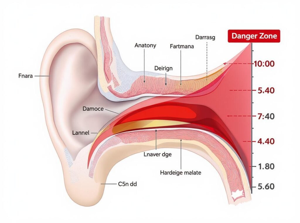 Hearing damage threshold at 85 decibels medical illustration