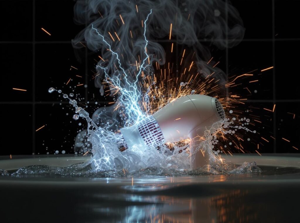 Hair dryer in water showing electrical sparks and explosion risk hazard