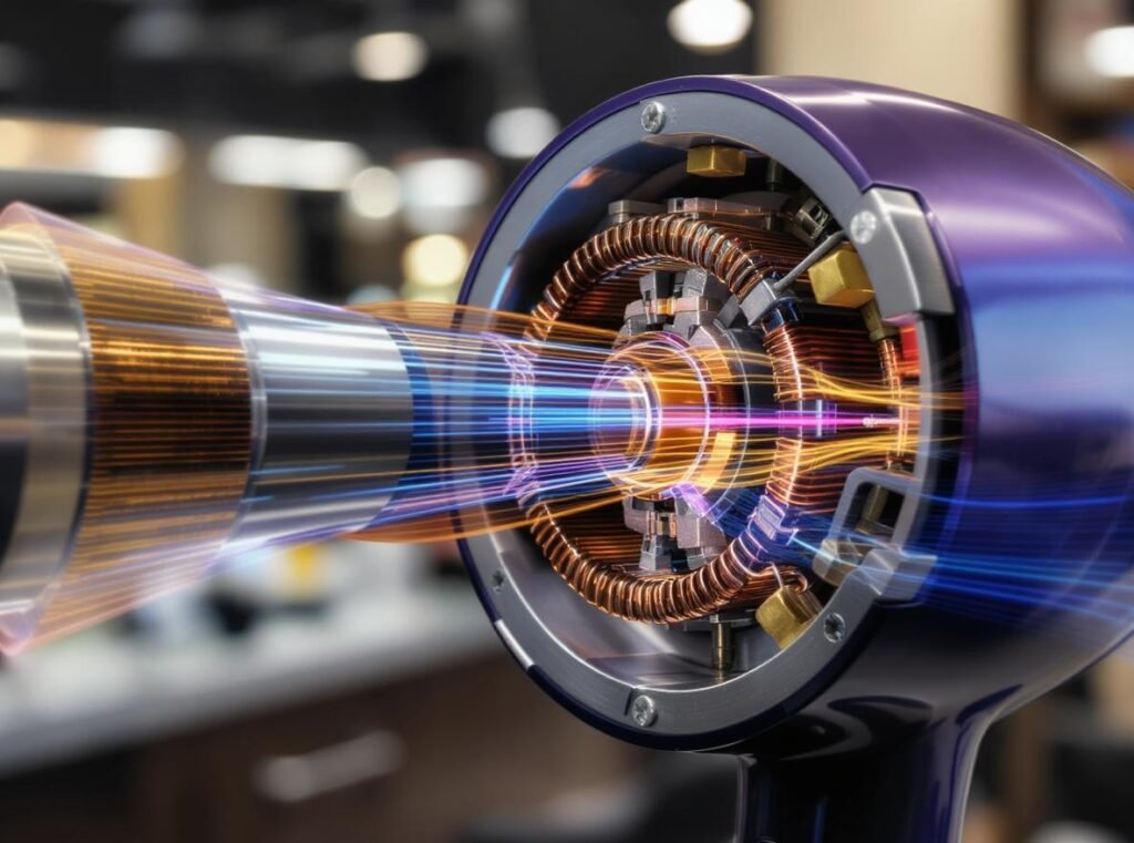 AC motor internal components in professional hair dryer showing copper windings and construction