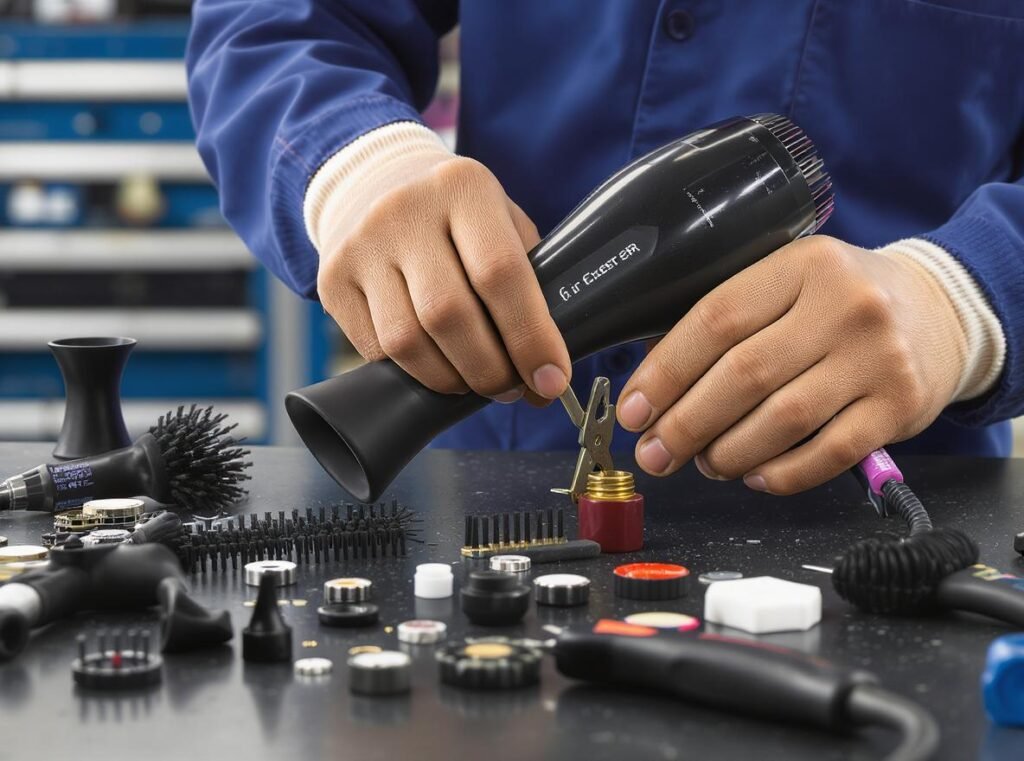 Professional technician repairing hair dryer with tools and replacement parts