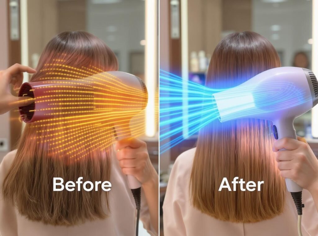 Split screen comparison showing traditional hair dryer surface heating versus infrared dryer penetrating heat technology