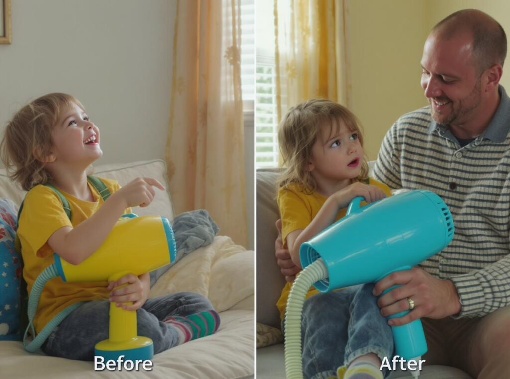 Side-by-side comparison of child using child-safe vs adult hair dryer