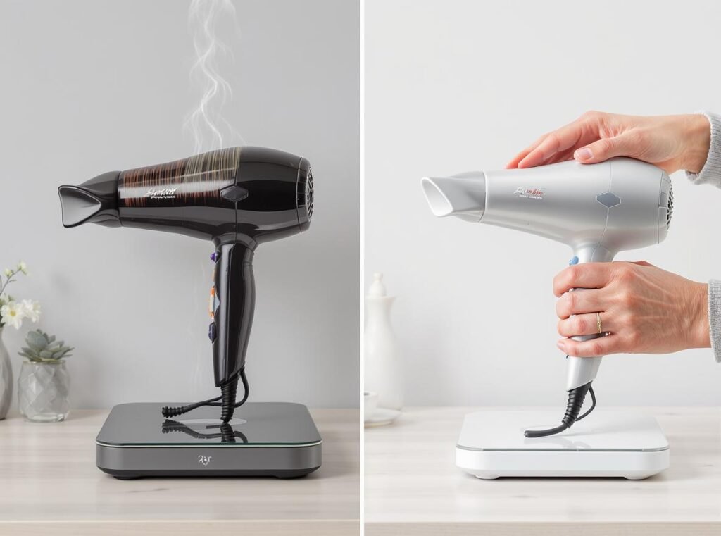 Weight comparison showing lightweight vs heavy hair dryers for elderly users
