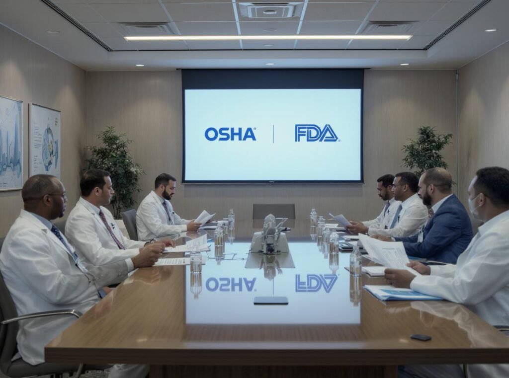 Health organization officials reviewing hair dryer safety regulations and EMF exposure guidelines