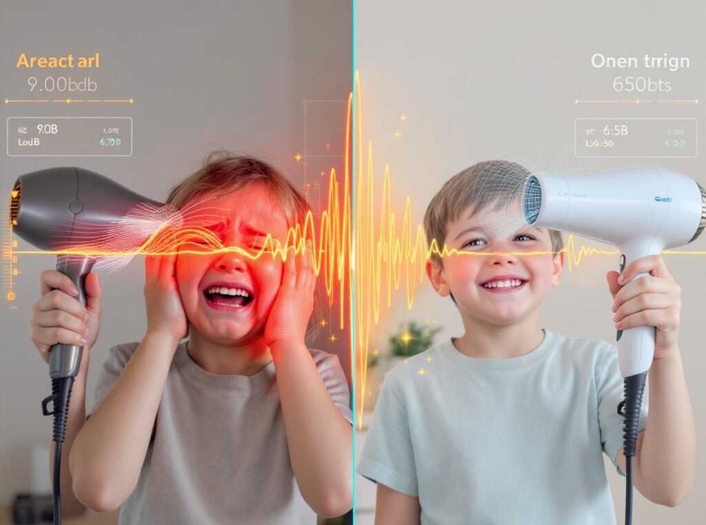 Comparison of loud vs quiet hair dryers showing impact on children's comfort