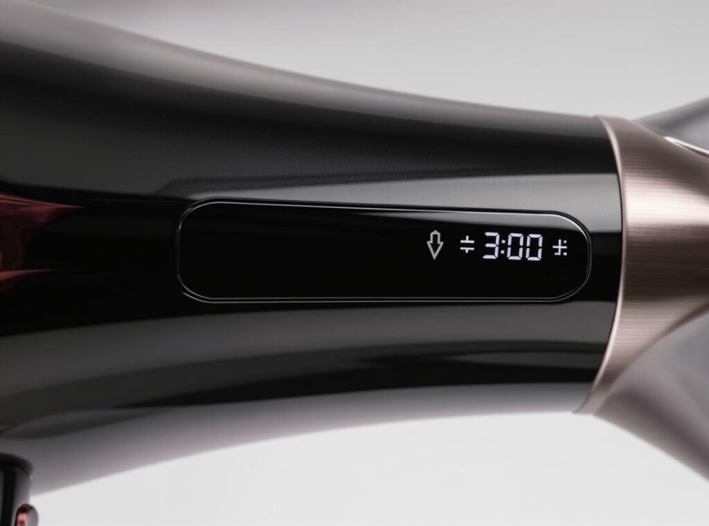 Hair dryer control panel showing temperature and speed settings for frizz prevention