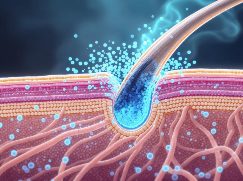 Microscopic view of hair cuticle being sealed by negative ions for frizz protection