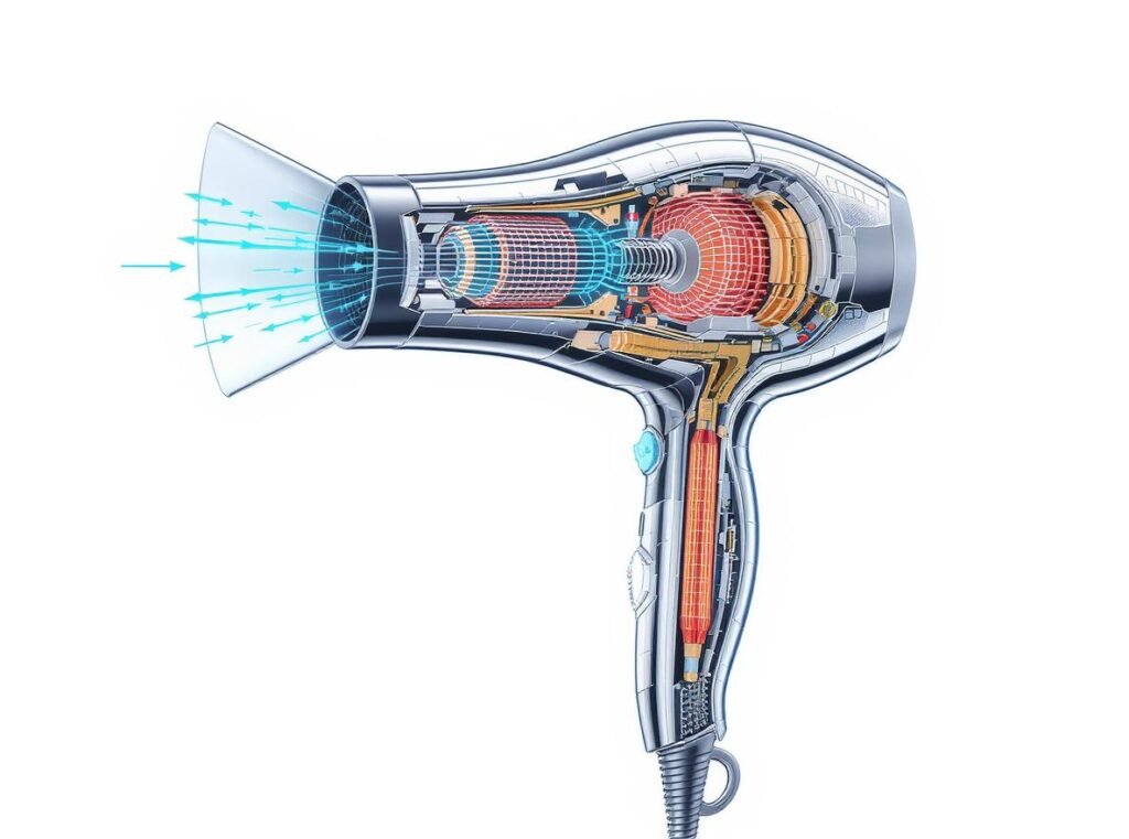 Technical cross-section of energy-efficient hair dryer showing brushless motor and ceramic heating elements