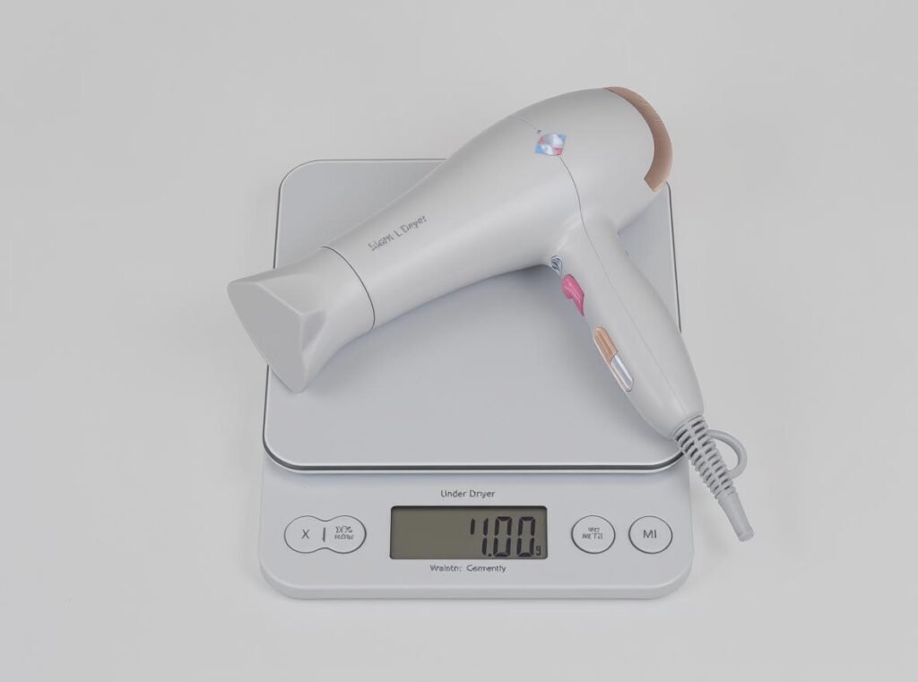 Lightweight hair dryer on digital scale showing weight under 400 grams