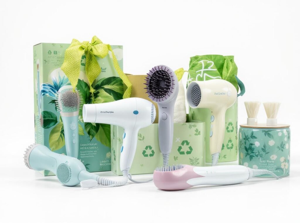 Collection of eco-friendly hair dryers with sustainable packaging and recyclable materials