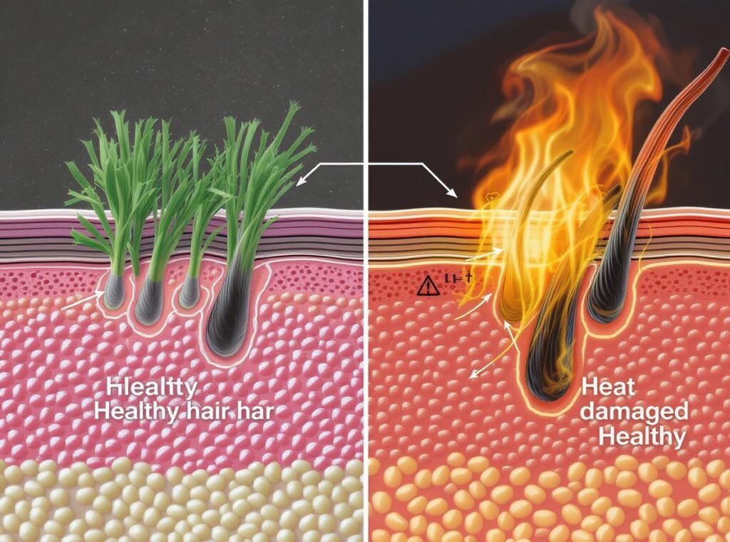 Comparison of healthy hair versus heat-damaged hair showing why overheating protection is essential