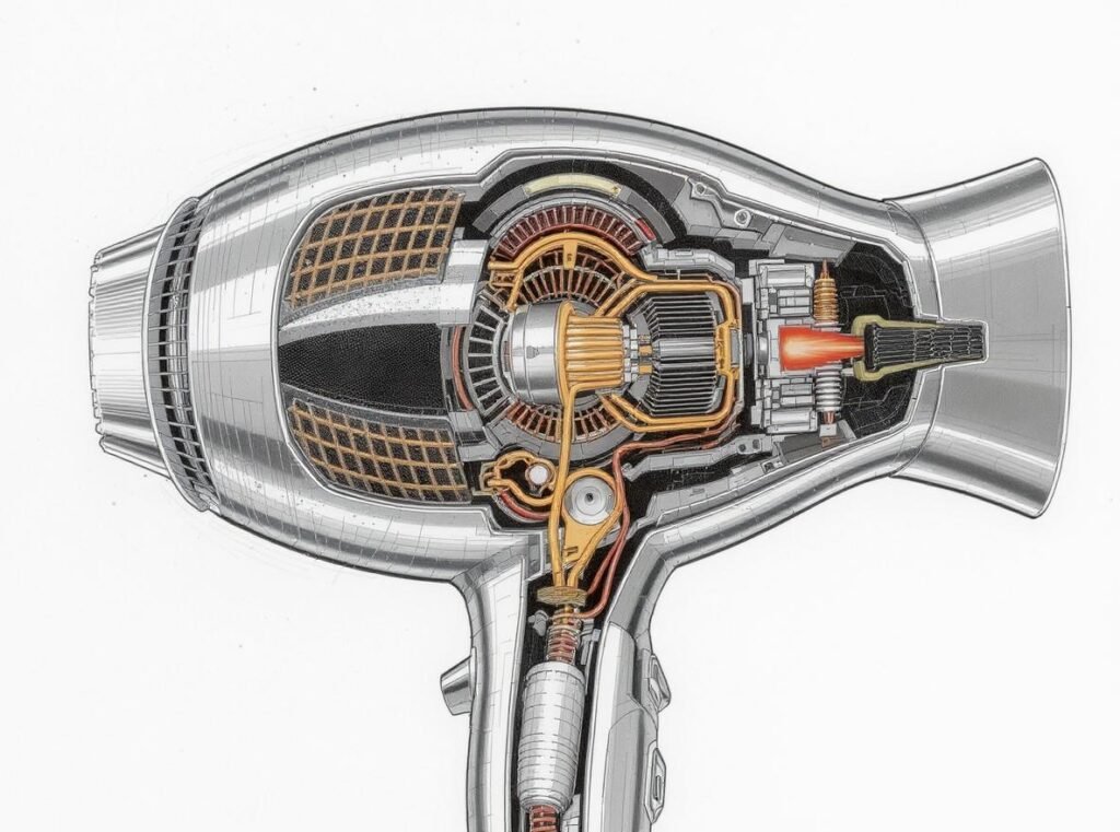 Hair dryer internal components showing dust buildup and overheating causes of burning smells