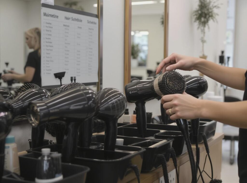 Professional salon hair dryer maintenance station with organized equipment