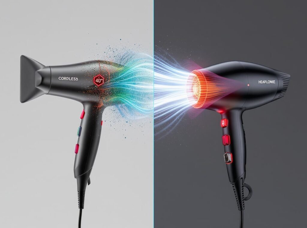 Cordless vs corded hair dryer power comparison showing airflow strength difference