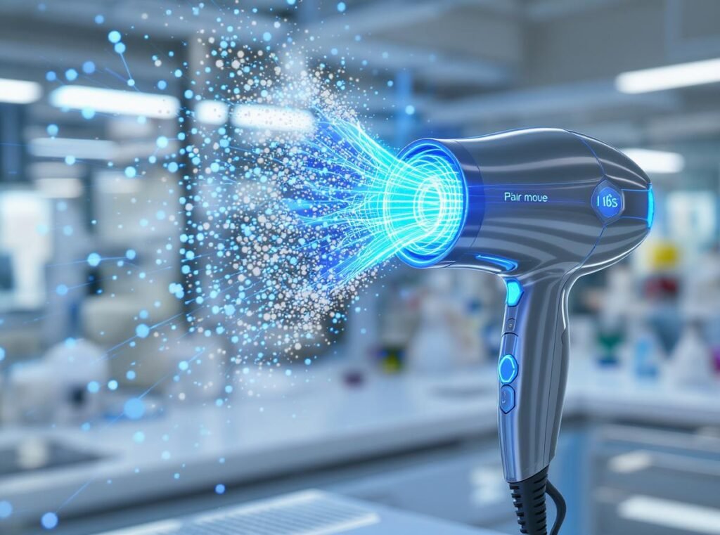 Ionic hair dryer technology showing negative ions breaking down water molecules
