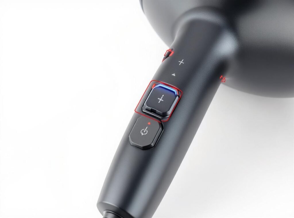 Hair dryer temperature controls showing cool air setting for nail polish drying