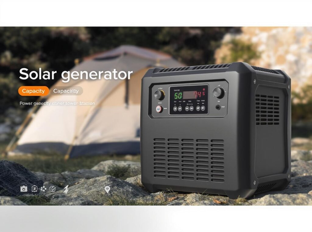 Solar generator power station showing battery capacity and output specifications
