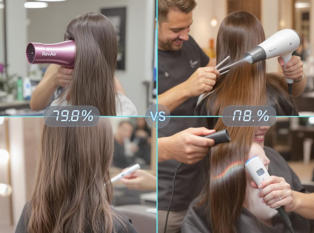 RevAir advantages comparison showing 70% faster drying time and reduced heat damage versus traditional hair dryers