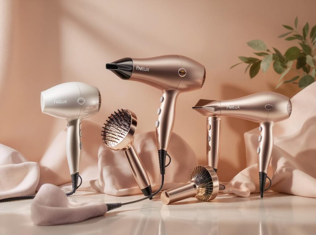 Parlux professional hair dryer models showcasing Italian design and lightweight construction for home use