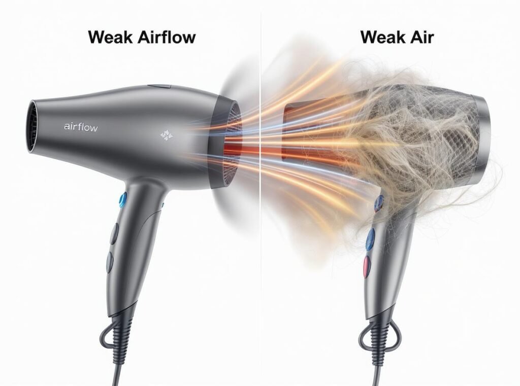Hair dryer with reduced airflow caused by clogged filters and debris buildup