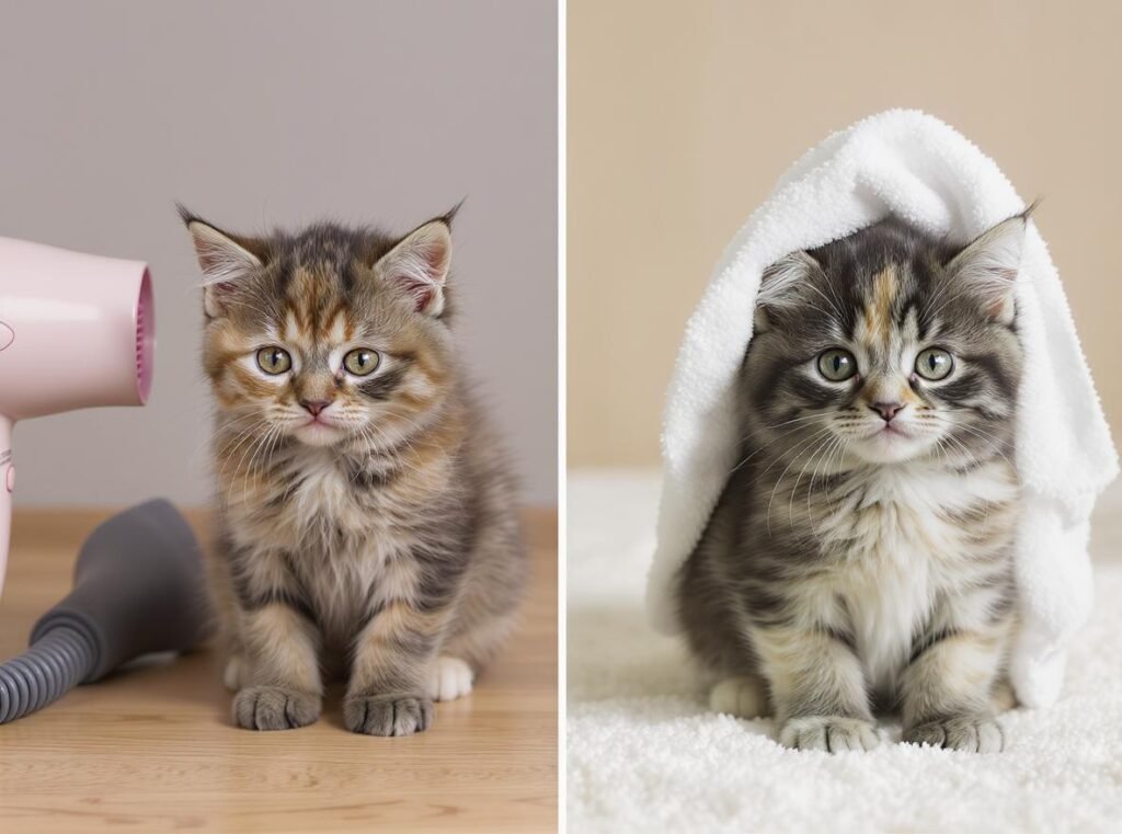 Comparison of stressed kitten with hair dryer versus calm kitten with towel drying